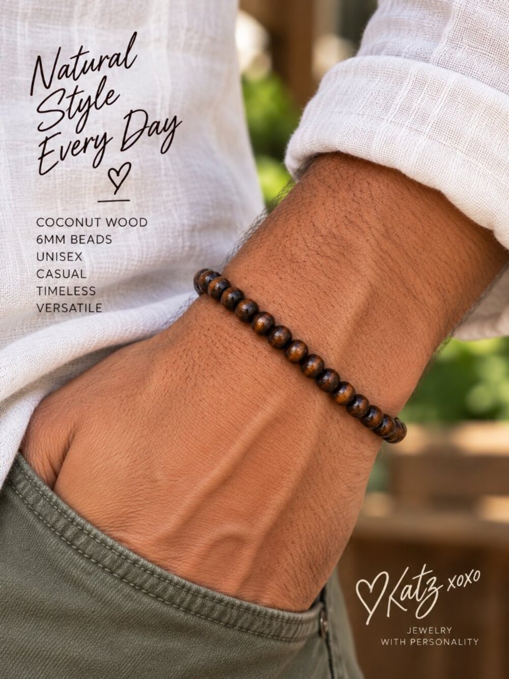 Coconut Wood Bead Bracelet 6mm Dark Brown Round Stretch Unisex Mens Surfer Boho